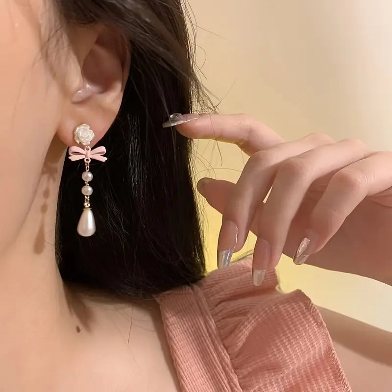 Rose & Bow Pearl Drop Earrings