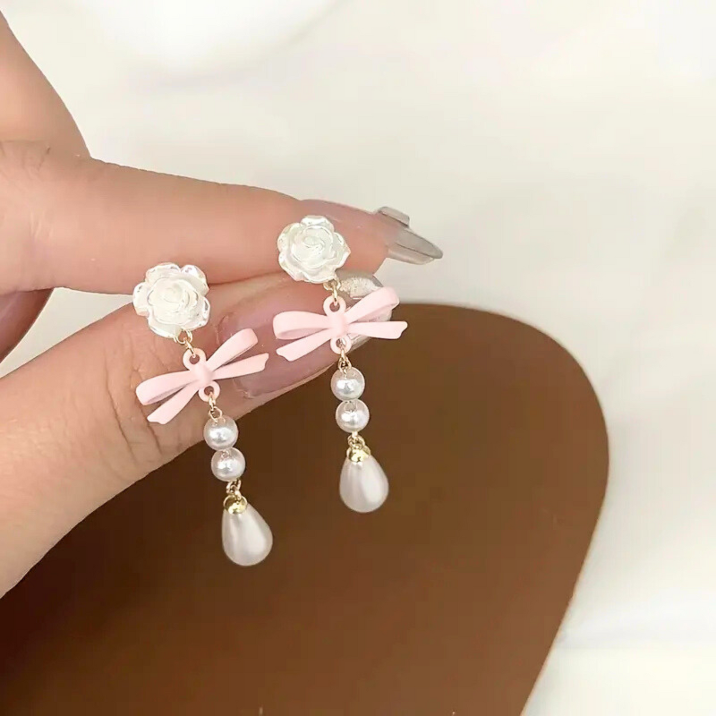 Rose & Bow Pearl Drop Earrings