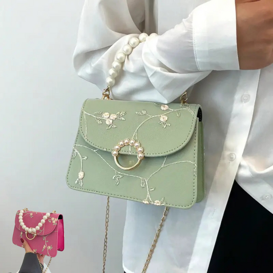 Floral Embroidered Handbag With A Perl Handle