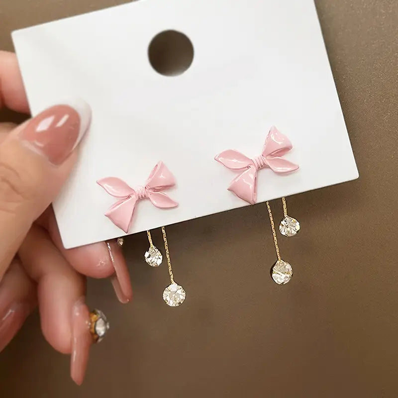 Dangle Pink Bow Crystal Earrings