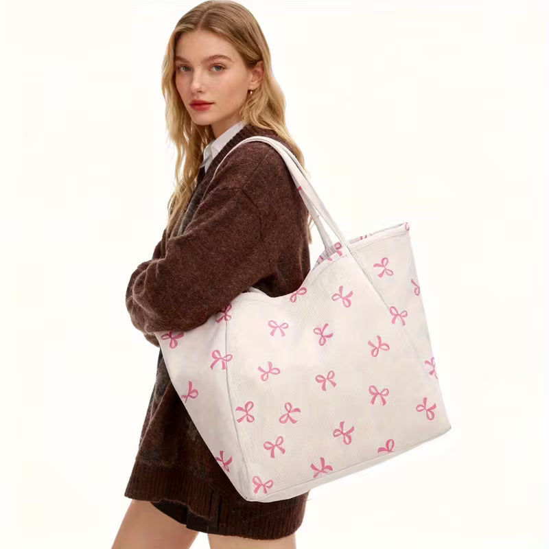 Pink Bow Corduroy Tote Bag
