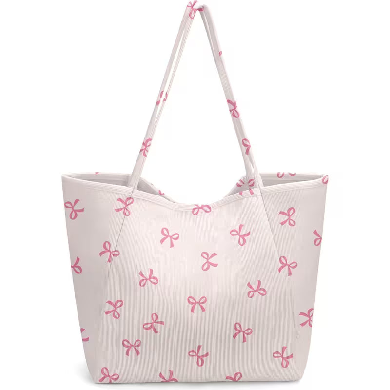 Pink Bow Corduroy Tote Bag